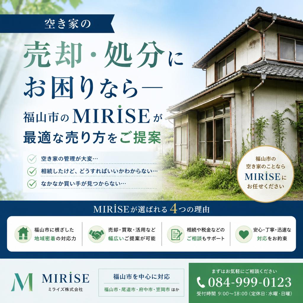 空き家の売却・処分にお困りなら―福山市のMIRISEが最適な売り方をご提案