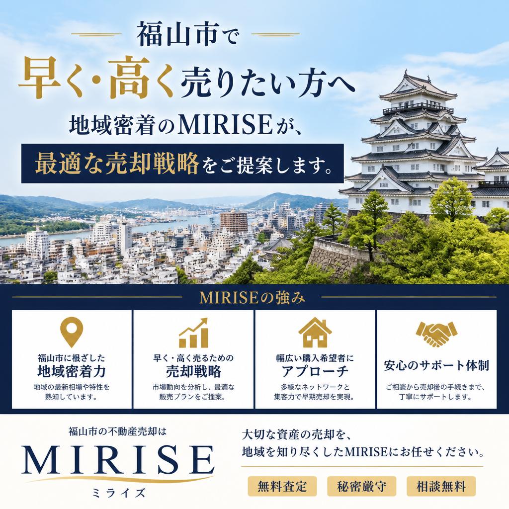 福山市で“高く・早く”売りたい方へ。地元密着のMIRISEが最適な売却戦略をご提案。