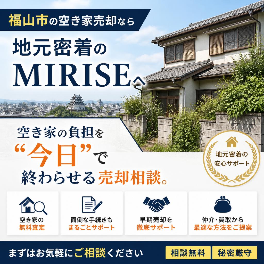 福山市の空き家売却なら“地元密着のMIRISE”へ｜空き家の負担を“今日”で終わらせる売却相談。