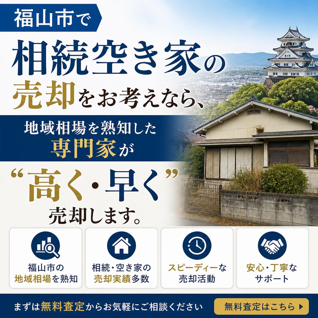 福山市で相続空き家の売却をお考えなら、地域相場を熟知した専門家が“高く・早く”売却します。