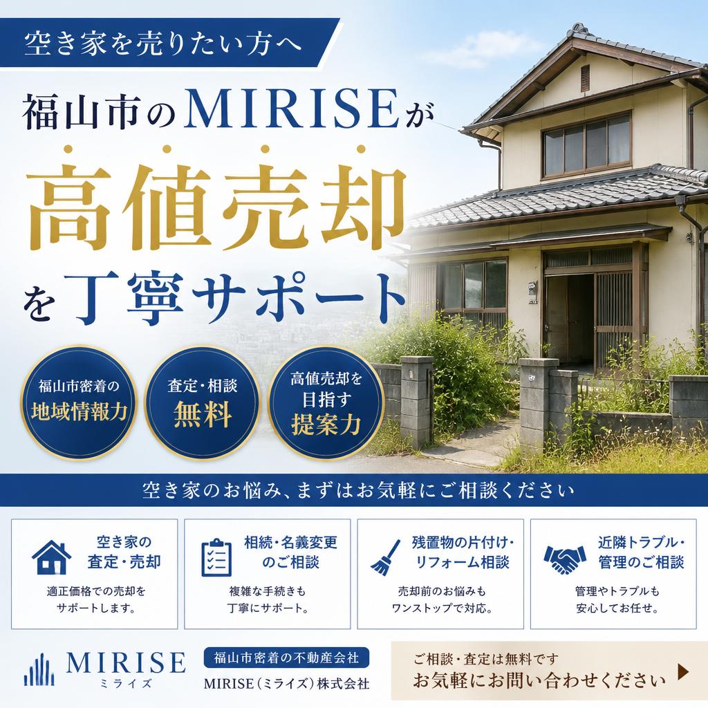 空き家を売りたい方へ｜福山市のMIRISEが高値売却を丁寧サポート