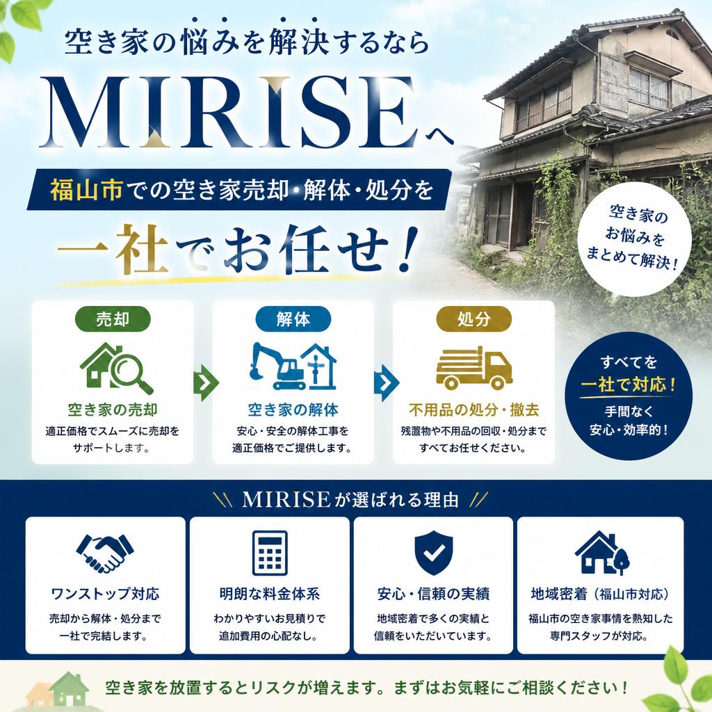 空き家の悩みを解決するならMIRISEへ｜福山市での空き家売却・解体・処分を一社でお任せ！