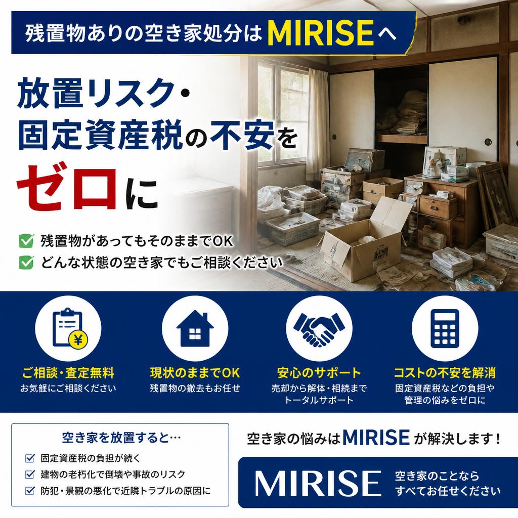 残置物ありの空き家処分はMIRISEへ｜放置リスク・固定資産税の不安をゼロに