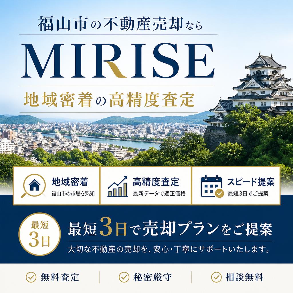 福山市の不動産売却ならMIRISEへ｜地域密着の高精度査定。最短3日で売却プランをご提案