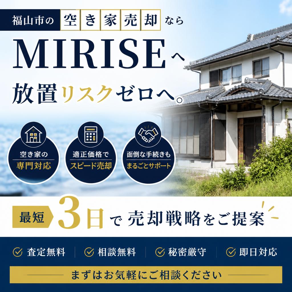 福山市の空き家売却ならMIRISEへ｜放置リスクゼロへ。最短3日で売却戦略をご提案